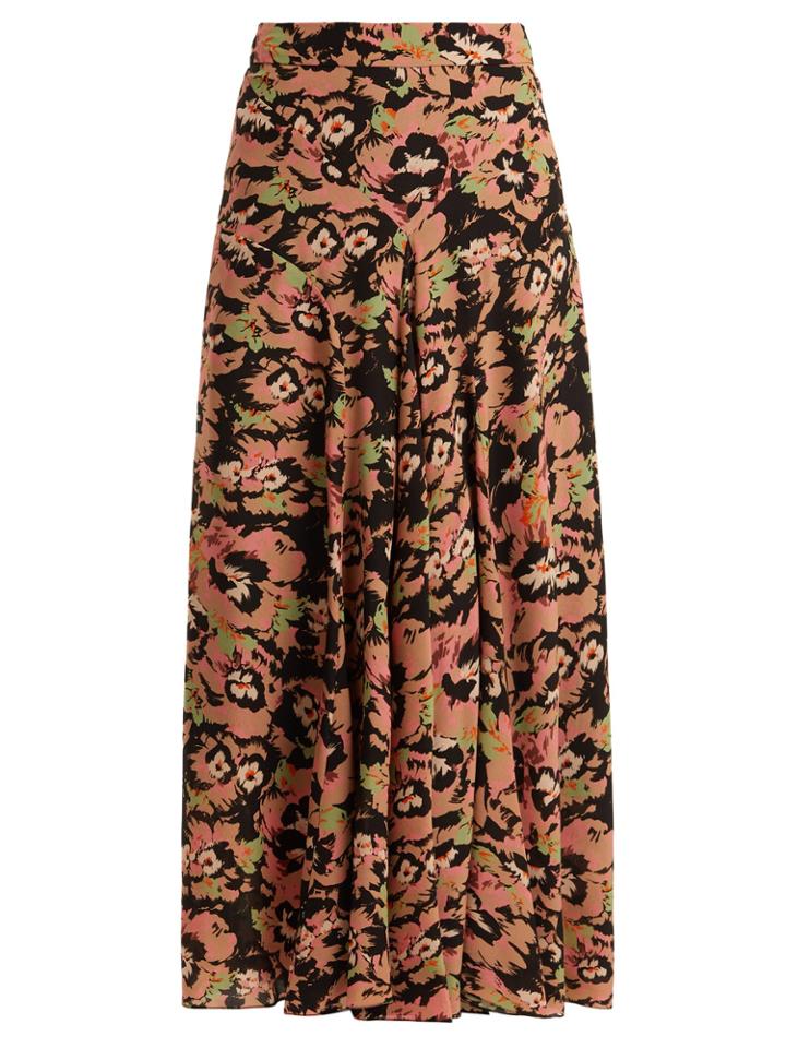 Raey Godet-front Neon Pansy-print Silk Skirt