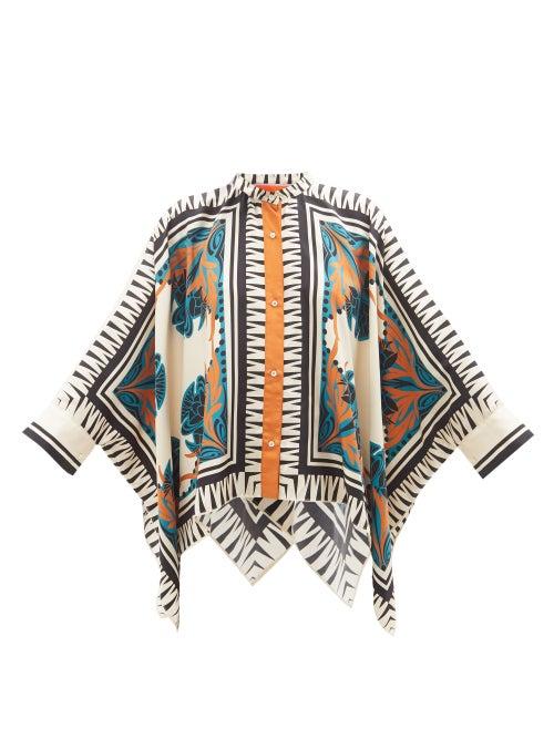La Doublej - Cape-sleeve Scarf-print Silk Shirt - Womens - Cream Multi