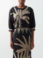 Emporio Sirenuse - Rosei Cropped Palm-embroidered Cotton Top - Womens - Black Multi