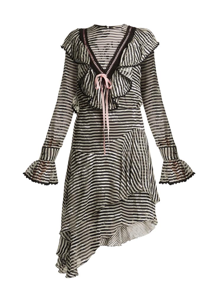 Preen By Thornton Bregazzi Corin Ruffle-trimmed Striped Silk-devor Dress