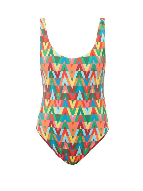 Valentino - V Optical-print Scoop-neck Swimsuit - Womens - Multi