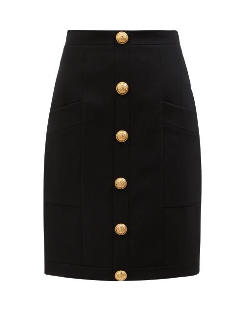 Balmain - High-rise Buttoned Wool Skirt - Womens - Black