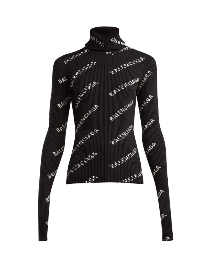 Balenciaga Logo Ribbed-knit Roll-neck Hooded Sweater