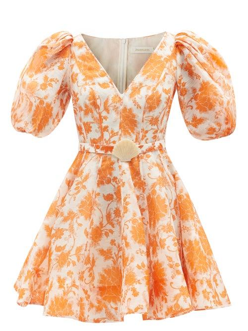 Zimmermann - Postcard Puff-sleeve Linen And Silk Mini Dress - Womens - Orange Print