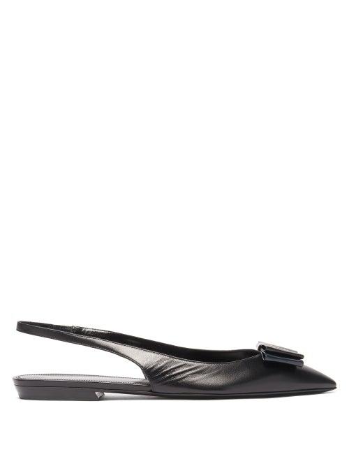 Matchesfashion.com Saint Laurent - Anais Ysl-plaque Bow Leather Slingback Flats - Womens - Black Navy