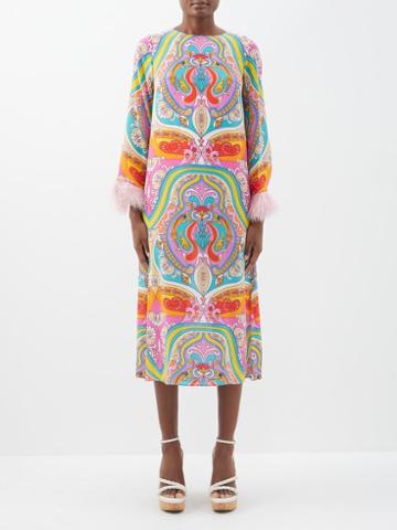 Borgo De Nor - Frankie Feather-trim Floral-print Midi Dress - Womens - Multi