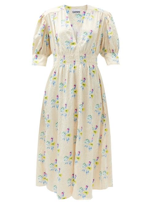 Ganni - Crinkled Floral-print Satin Midi Dress - Womens - Yellow Multi