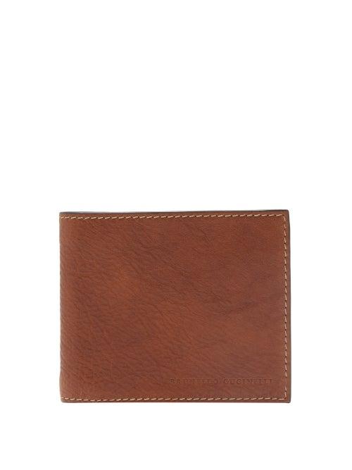 Mens Accessories Brunello Cucinelli - Logo-debossed Grained-leather Bi-fold Wallet - Mens - Brown