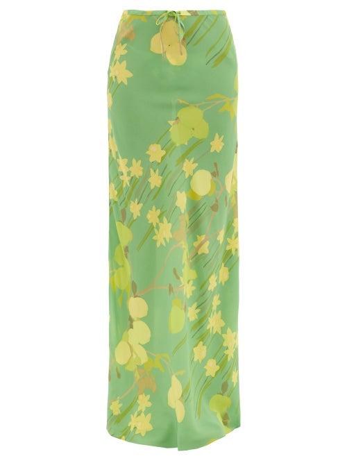 Bernadette - Emily Fruit And Floral-print Silk-crepe Skirt - Womens - Green Print