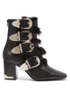 Matchesfashion.com Toga - Buckled Faux Fur Trimmed Leather Ankle Boots - Womens - Black
