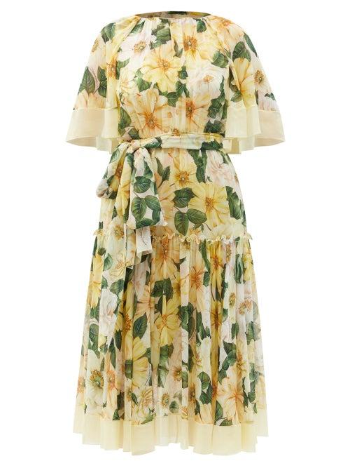 Matchesfashion.com Dolce & Gabbana - Camellia-print Silk-georgette Midi Cape Dress - Womens - Yellow Multi