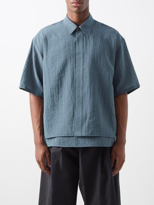 Le17septembre Homme - Layered-hem Textured Short-sleeved Shirt - Mens - Blue