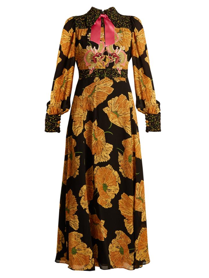 Gucci Dragon-embroidered Poppy-print Crepe Dress