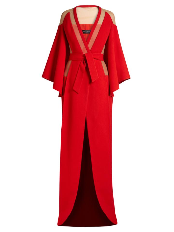 Balmain V-neck Tie-waist Panelled Crepe Gown