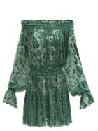 Norma Kamali - Off-the-shoulder Floral Devor-velvet Dress - Womens - Dark Green