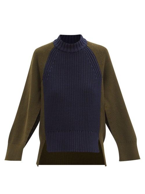 Sacai - Cape-sleeve Cotton-blend Sweater - Womens - Navy Multi