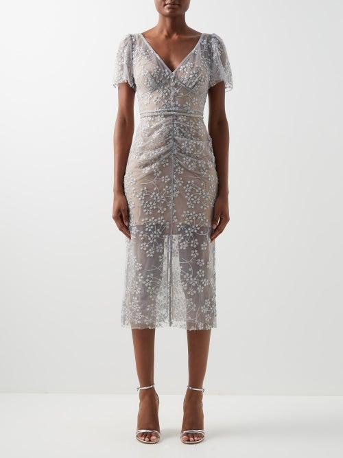 Self-portrait - Crystal-embellished Floral-tulle Midi Dress - Womens - Silver