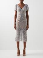 Self-portrait - Crystal-embellished Floral-tulle Midi Dress - Womens - Silver