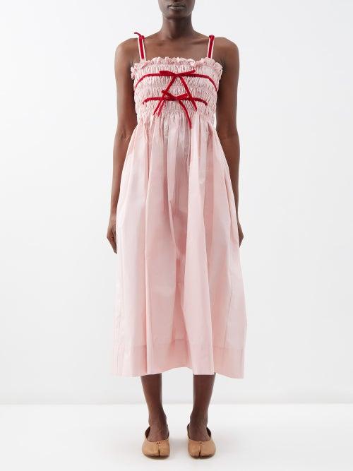 Molly Goddard - Kate Velvet-trim Shirred Taffeta Midi Dress - Womens - Pink Red