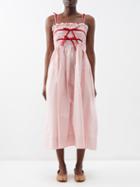 Molly Goddard - Kate Velvet-trim Shirred Taffeta Midi Dress - Womens - Pink Red