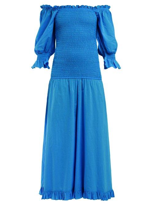 Matchesfashion.com Rhode Resort - Eva Smocked Off The Shoulder Cotton Dress - Womens - Blue