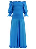Matchesfashion.com Rhode Resort - Eva Smocked Off The Shoulder Cotton Dress - Womens - Blue