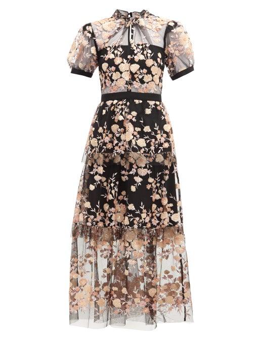 Matchesfashion.com Self-portrait - Floral Sequin Embellished Tulle Midi Dress - Womens - Black Multi