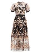 Matchesfashion.com Self-portrait - Floral Sequin Embellished Tulle Midi Dress - Womens - Black Multi