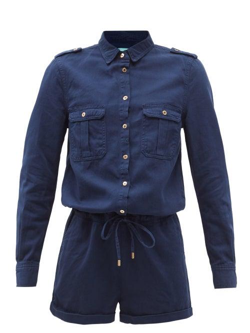 Matchesfashion.com Melissa Odabash - Honour Drawstring-waist Brushed-cotton Playsuit - Womens - Navy