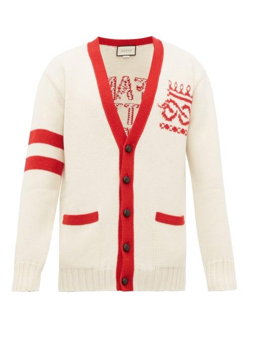 Matchesfashion.com Gucci - Far Better Not Slogan Jacquard Wool Cardigan - Mens - Red White