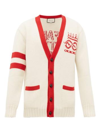 Matchesfashion.com Gucci - Far Better Not Slogan Jacquard Wool Cardigan - Mens - Red White