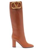 Matchesfashion.com Valentino Garavani - Supervee V-logo Knee-high Leather Boots - Womens - Tan
