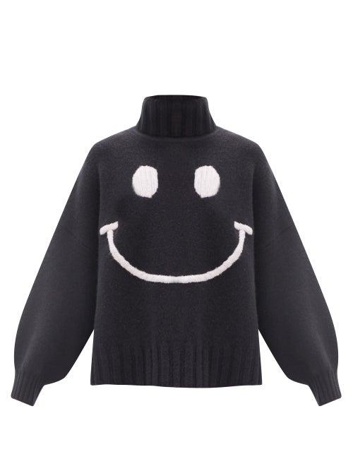 Matchesfashion.com Joostricot - Smiling Face-embroidered Merino Wool-blend Sweater - Womens - Black
