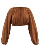 Matteau - Balloon-sleeve Silk Crepe Cropped Top - Womens - Brown