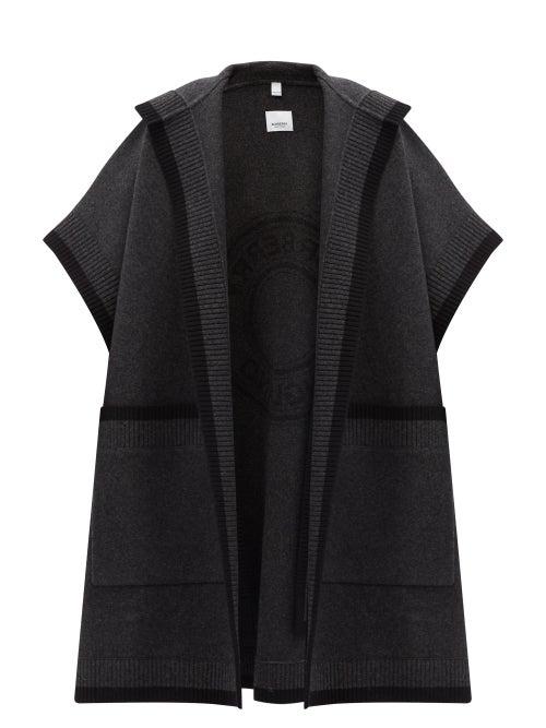 Ladies Accessories Burberry - Carla Logo-jacquard Hooded Wool-blend Poncho - Womens - Dark Grey