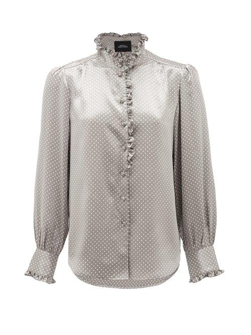 Matchesfashion.com Marc Jacobs Runway - Ruffled Polka-dot Silk-satin Blouse - Womens - Grey Multi