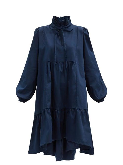 Matchesfashion.com Cheval Pampa - Campo Ruffle-neck Cotton-blend Dress - Womens - Navy