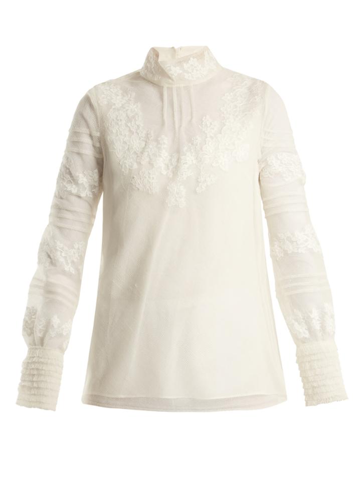 Valentino High Neck Floral-embroidered Tulle Top