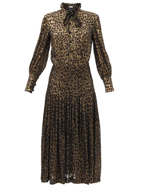 Matchesfashion.com Saint Laurent - Leopard-devor Silk-blend Midi Dress - Womens - Black Gold