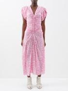 Isabel Marant - Lilia Ruched Printed Silk-blend Midi Dress - Womens - Pink White
