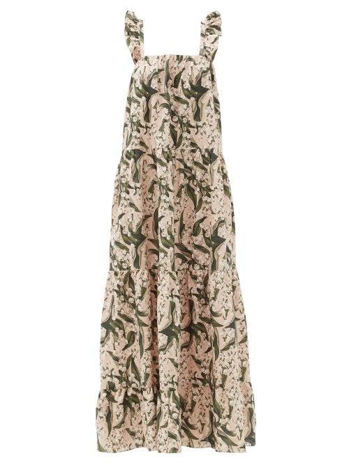 Matchesfashion.com Adriana Degreas - Lily Of The Valley-print Tiered Linen-blend Dress - Womens - Green Print