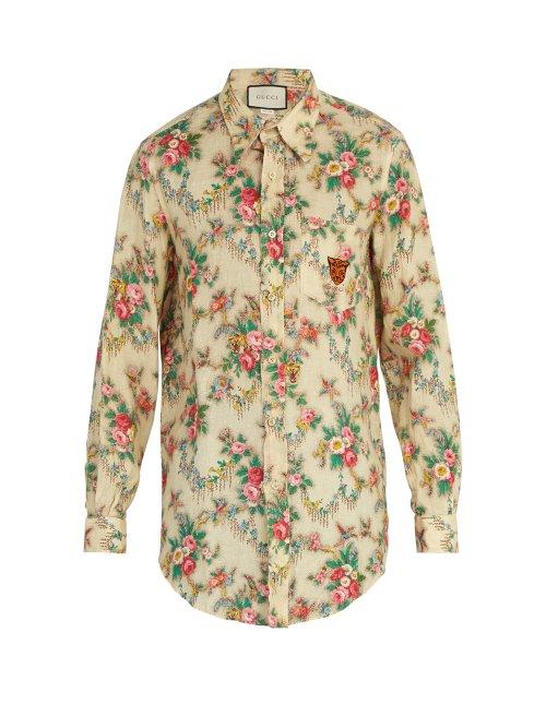 Matchesfashion.com Gucci - Tiger Embroidered Floral Print Linen Shirt - Mens - Cream