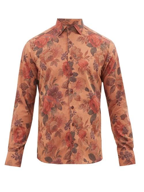 Matchesfashion.com Etro - Floral Print Slim Fit Cotton Shirt - Mens - Orange Multi
