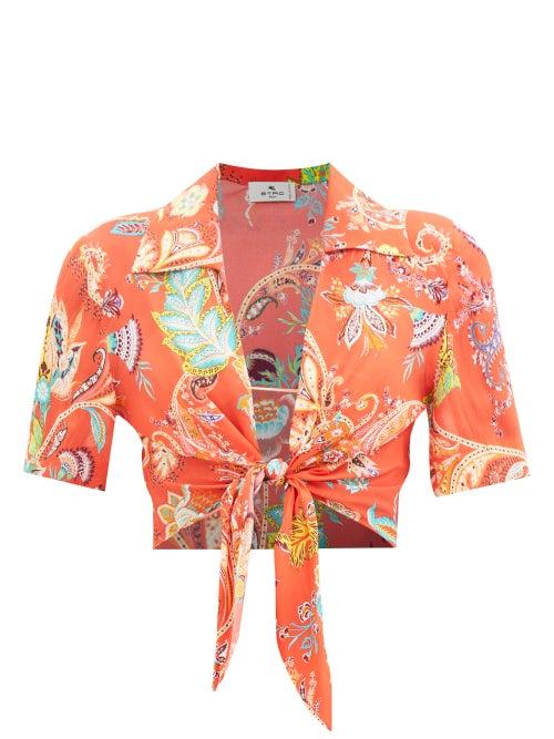 Etro - May Rosso Paisley-print Knotted Cropped Top - Womens - Orange Print