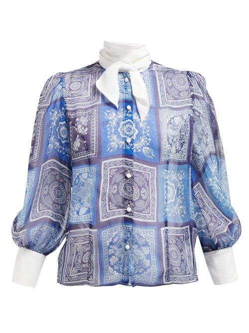 Matchesfashion.com Edeltrud Hofmann - Nico Bandana Print Pussybow Chiffon Blouse - Womens - Blue White