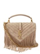 Saint Laurent - College Ysl Fringed Quilted-suede Cross-body Bag - Womens - Beige