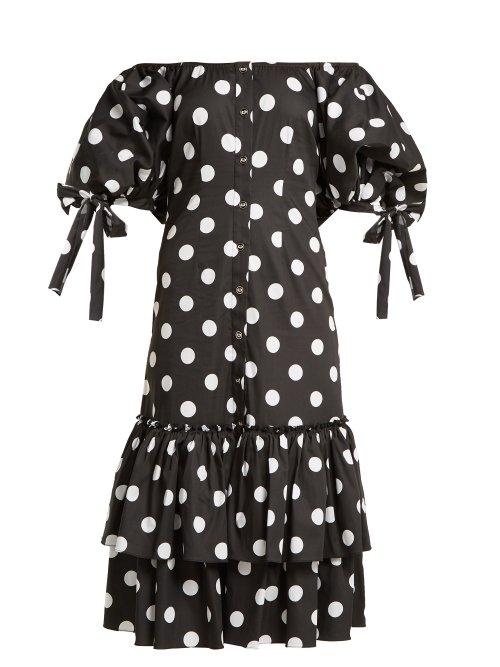 Matchesfashion.com Caroline Constas - Nella Off The Shoulder Polka Dot Dress - Womens - Black White