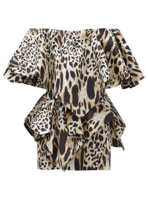 Matchesfashion.com Alexandre Vauthier - Off The Shoulder Lynx Print Silk Mini Dress - Womens - Leopard