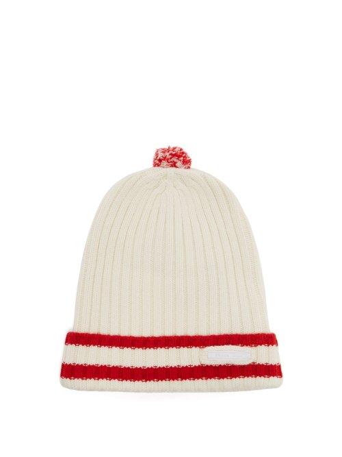 Matchesfashion.com Prada - Ribbed Knit Striped Wool Blend Pom Pom Hat - Mens - White Multi
