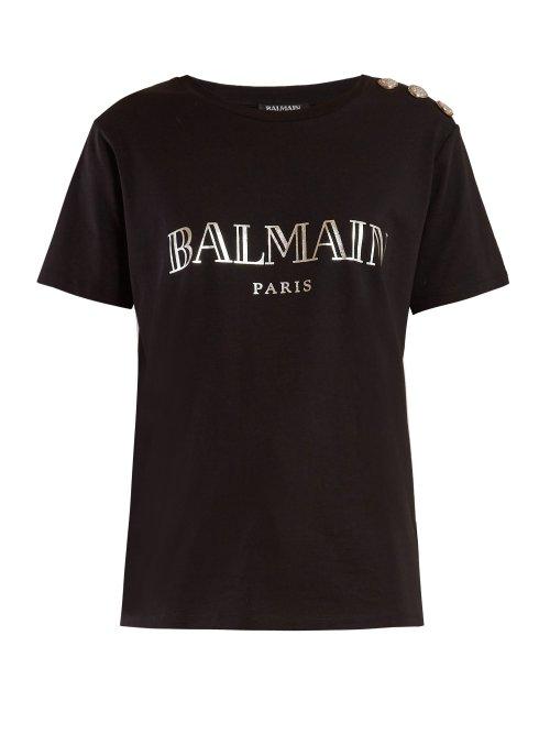 Matchesfashion.com Balmain - Logo Print Cotton T Shirt - Womens - Black Silver